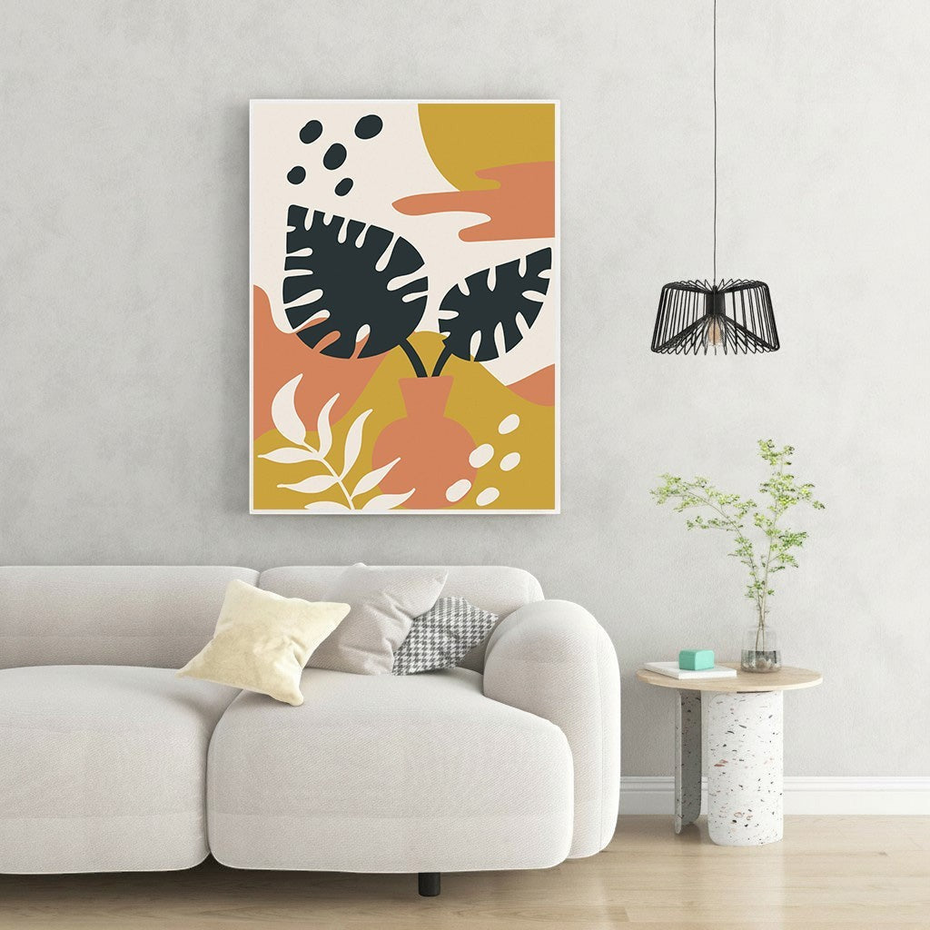 Wadi Home abstract botanical wall art with ochre, terracotta, and deep green monstera leaves and organic shapes.