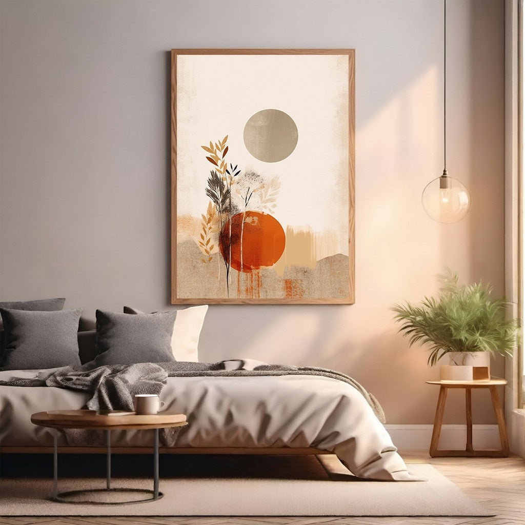 Wadi Home abstract botanical wall art with burnt orange circle and beige sun.