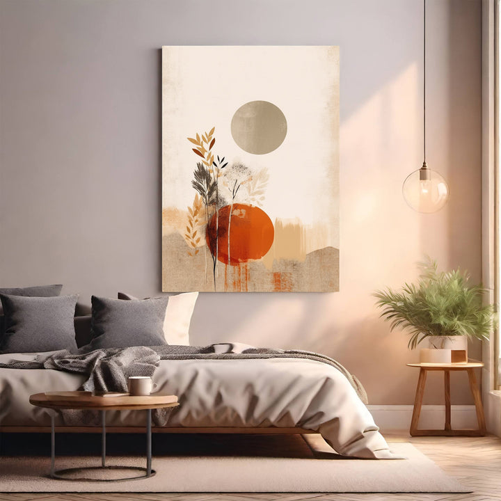 Wadi Home abstract botanical wall art with burnt orange circle and beige sun. Earthy tones, modern sophistication.