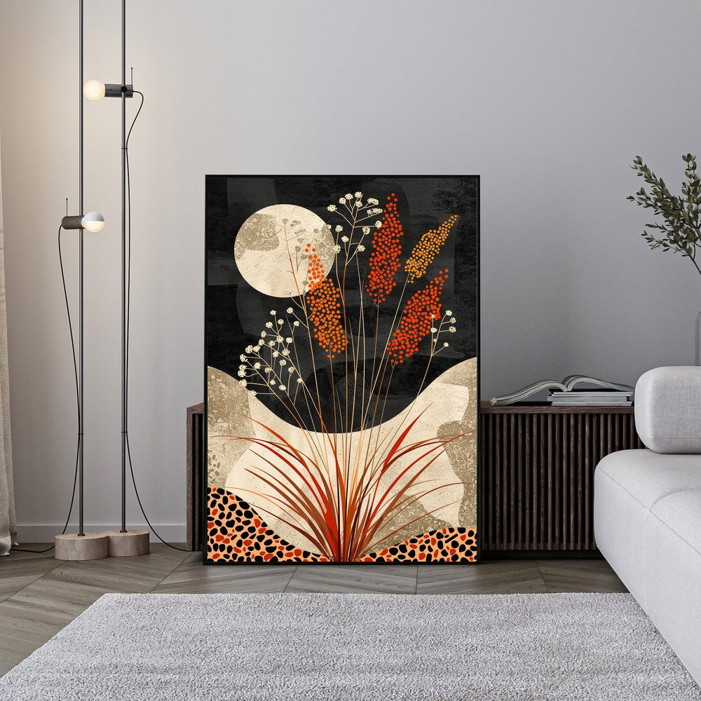 Wadi Home Abstract Botanical Moonscape Wall Art with orange and cream floral elements on black background.