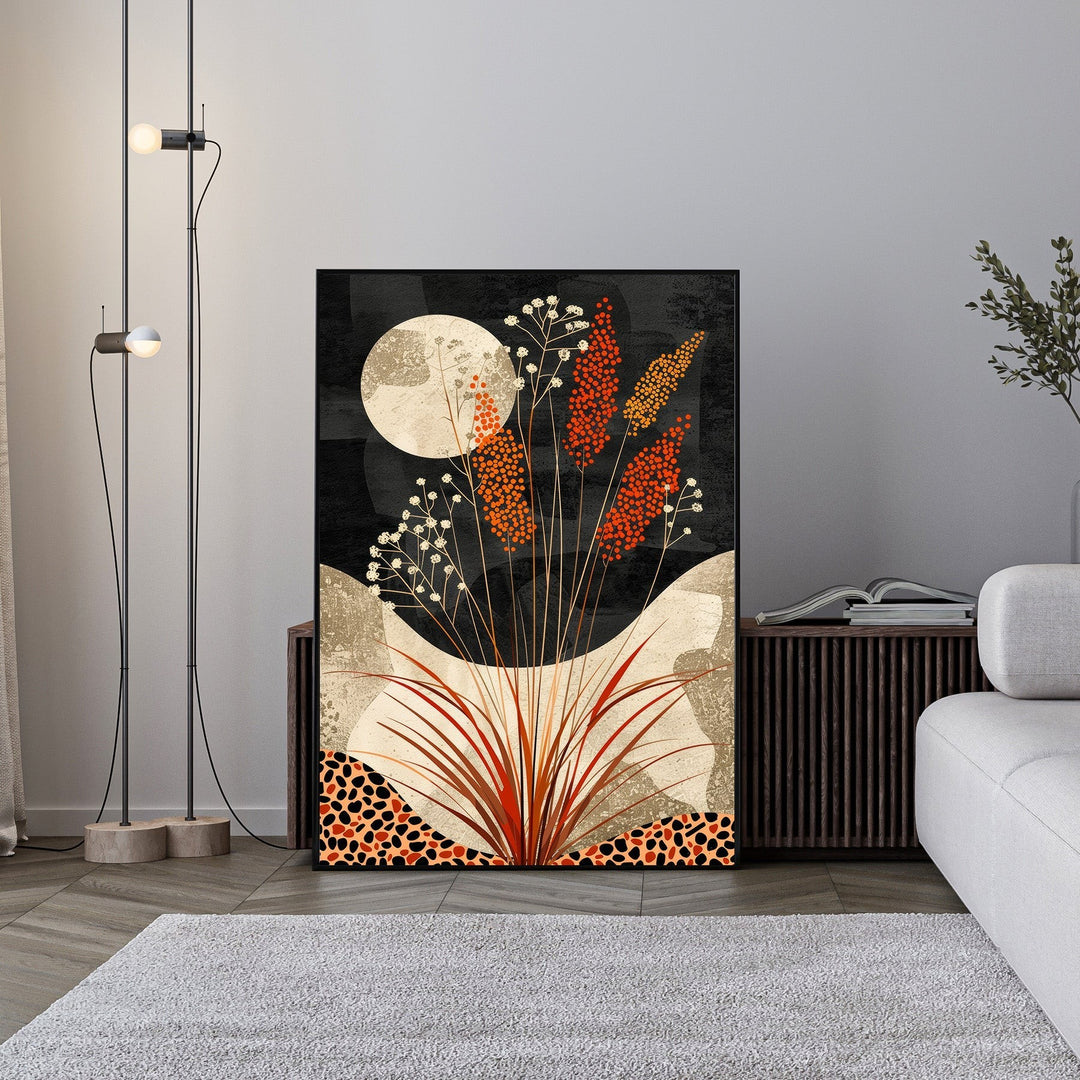 Wadi Home Abstract Botanical Moonscape Wall Art with orange and cream floral elements on black background.