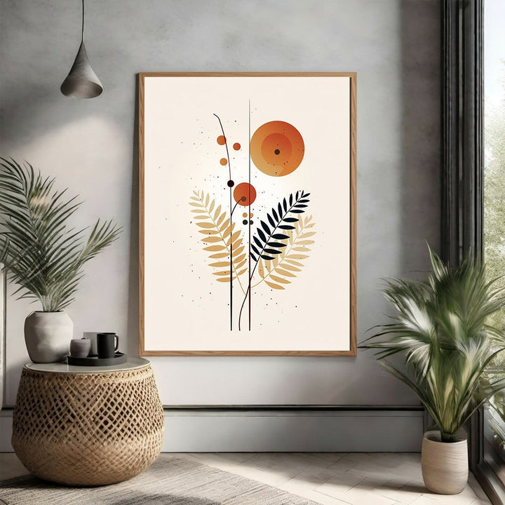 Wadi Home abstract botanical wall art with orange, gold, and black floral motifs and scattered dots.