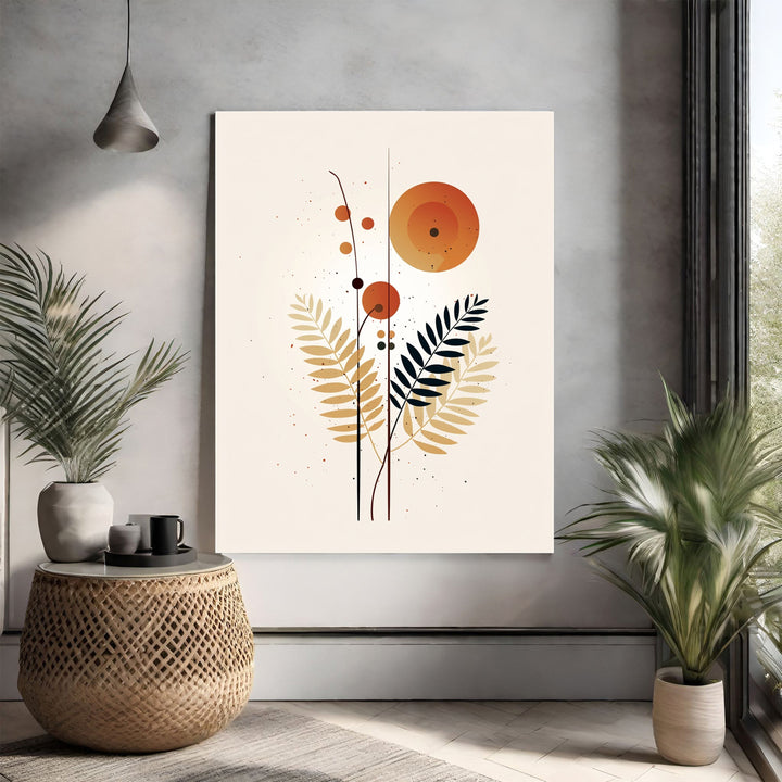 Wadi Home abstract botanical wall art with orange, gold, and black floral motifs and scattered dots on a cream background.