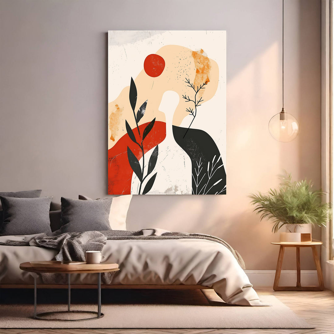 Wadi Home abstract botanical wall art with red, black, and beige organic shapes and stylized leaves.