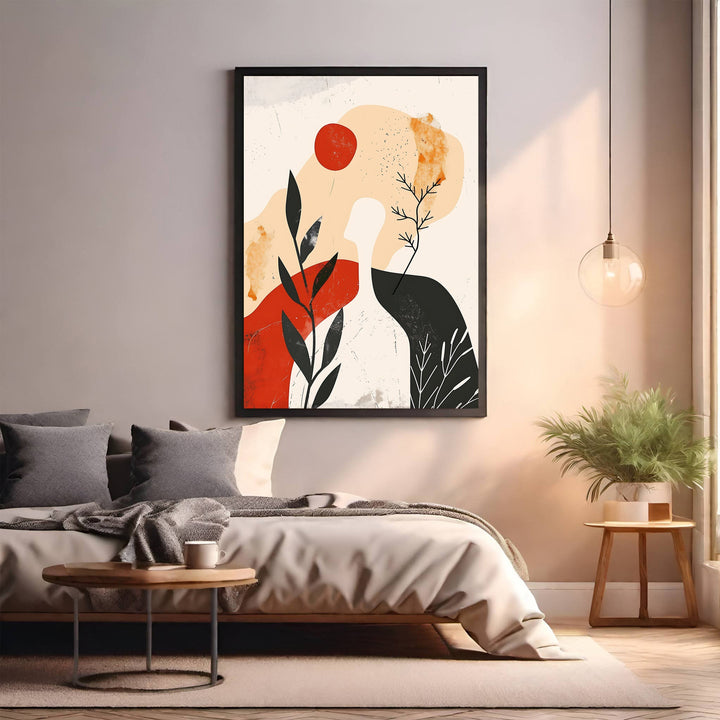 Wadi Home abstract botanical wall art with red, black, and beige organic shapes and stylized leaves.