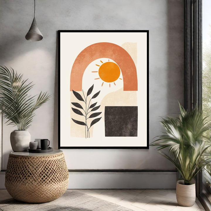 Wadi Home Abstract Sun Arch Botanical Wall Art with orange arch, sun, and black plant on cream background.