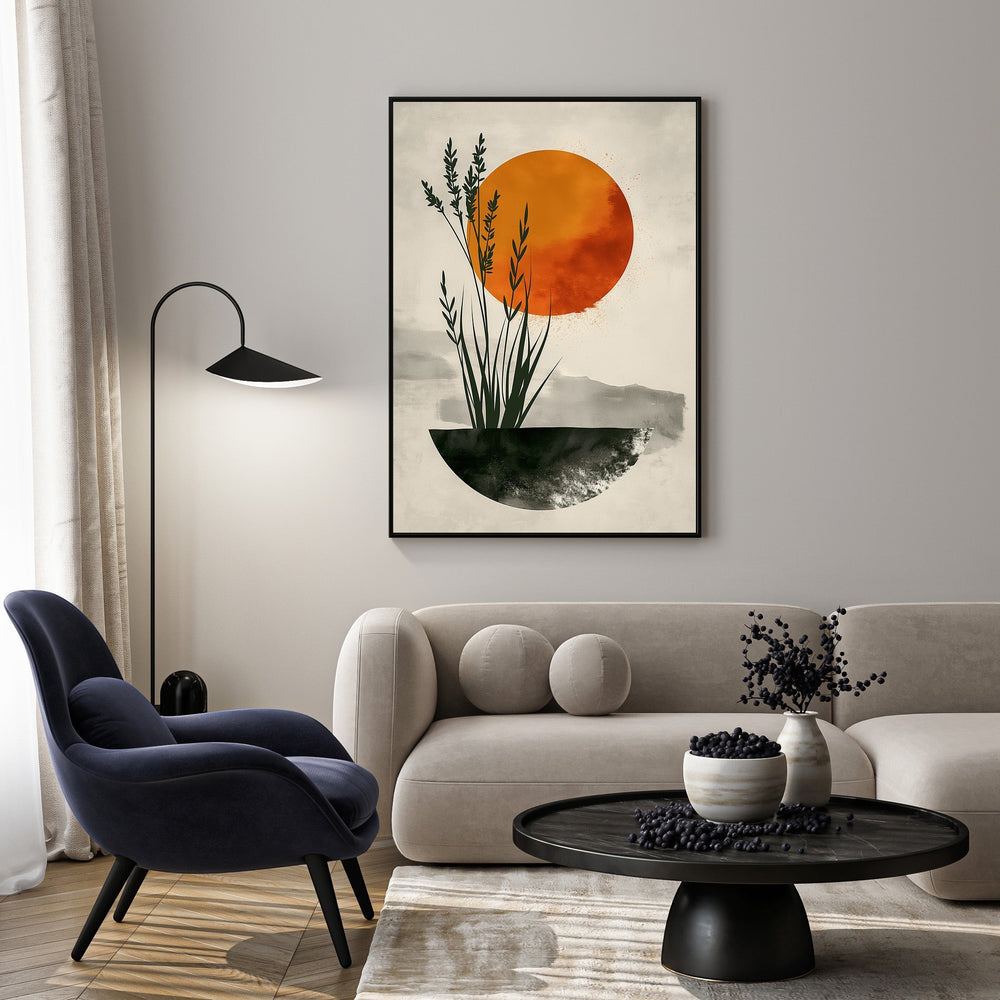 Wadi Home Abstract Sunset Botanical Wall Art with orange sun and green plants.