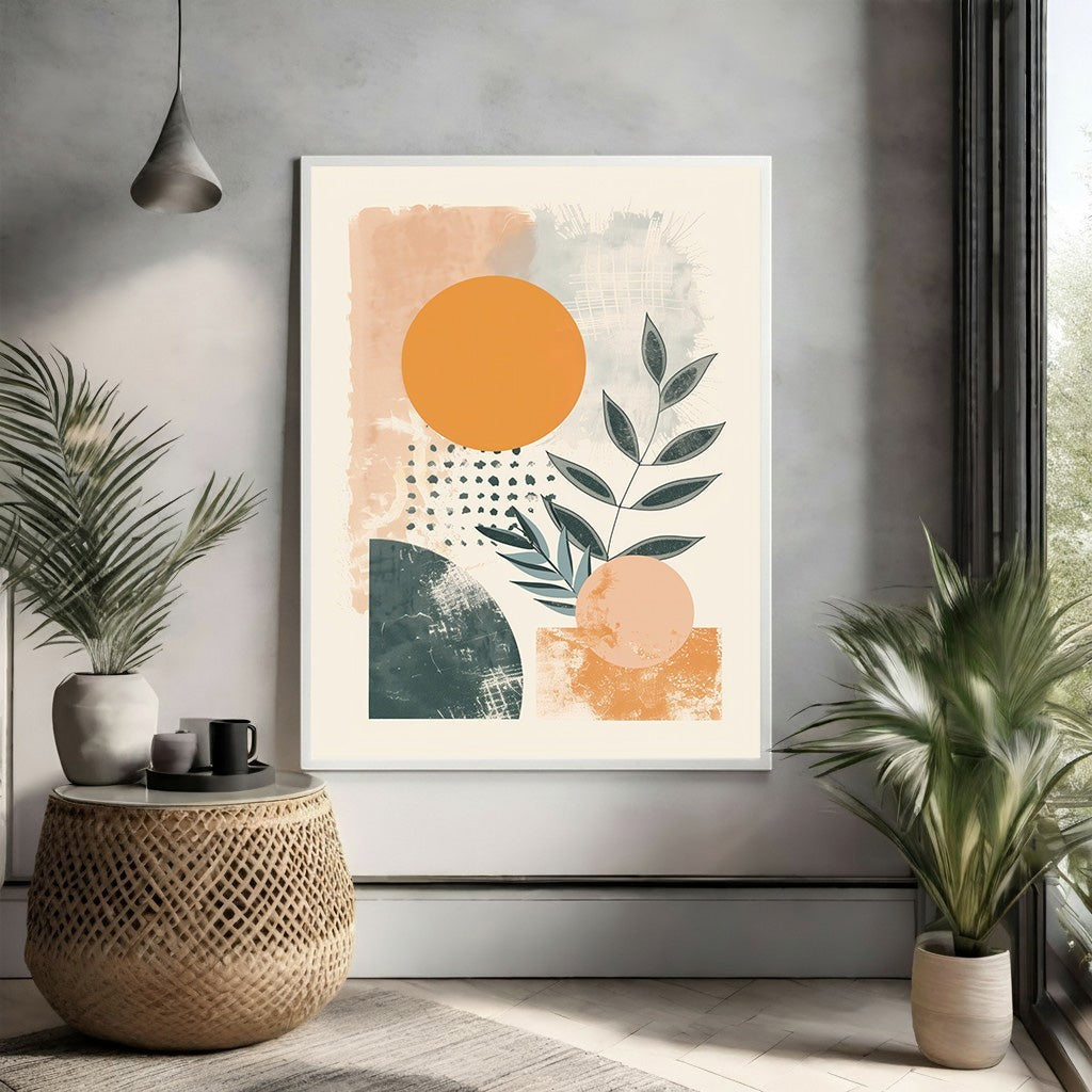 Wadi Home Abstract Botanical Geometric Wall Art with terracotta, teal, and orange hues, featuring textured brushstrokes and organic shapes.