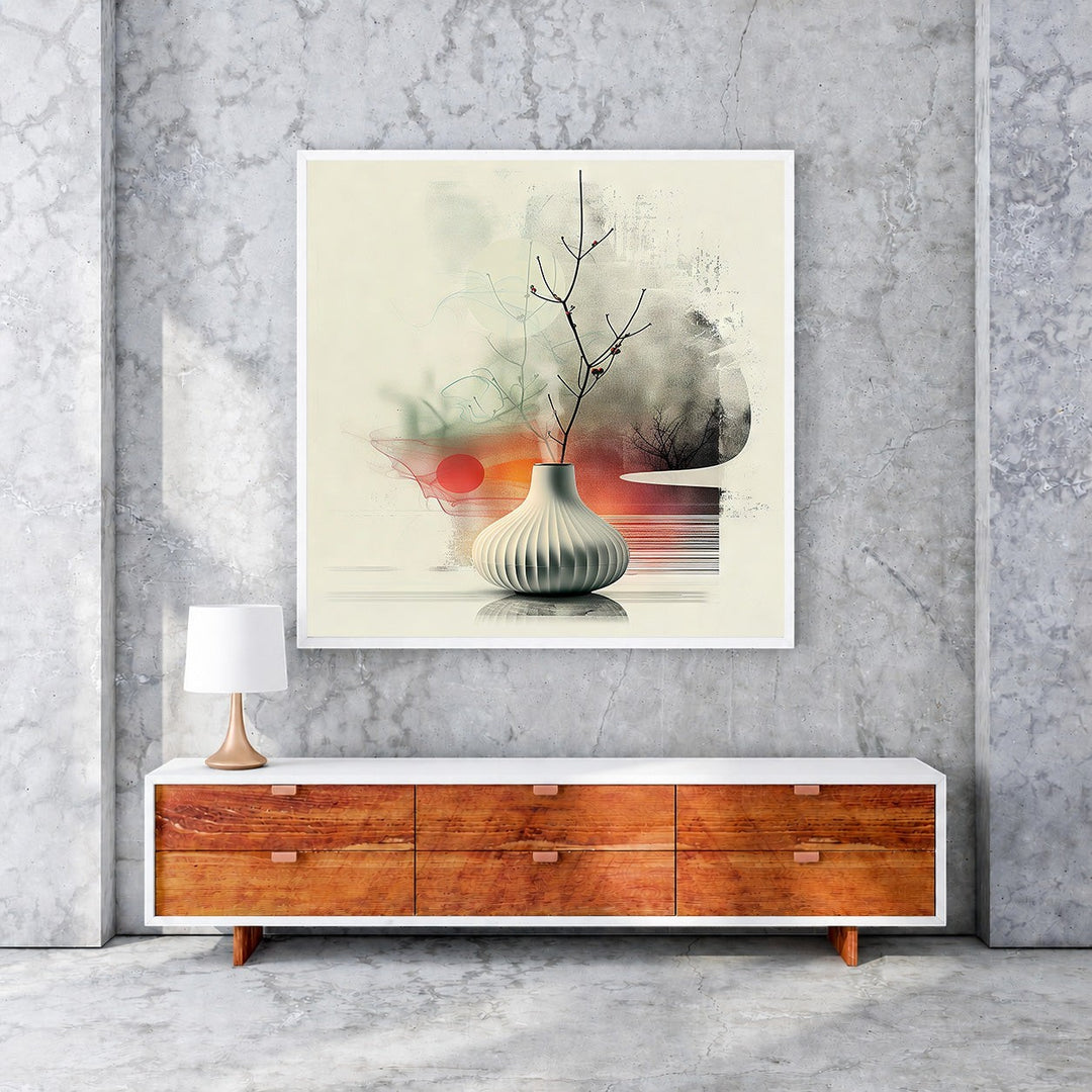 Wadi Home abstract botanical still life wall art with minimalist vase and branches, muted tones, oranges, and greens.