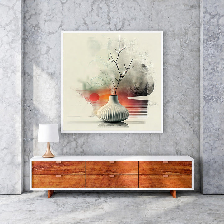 Wadi Home abstract botanical still life wall art with minimalist vase and branches, muted tones, oranges, and greens.