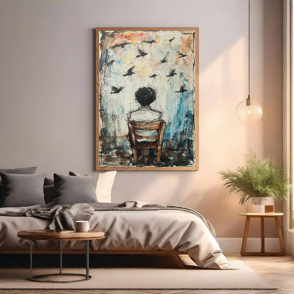 Wadi Home abstract wall art of a boy watching birds in flight, rendered in blues, browns, and mixed media.