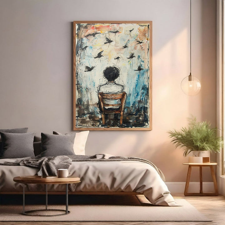 Wadi Home abstract wall art of a boy watching birds in flight, rendered in blues, browns, and mixed media.