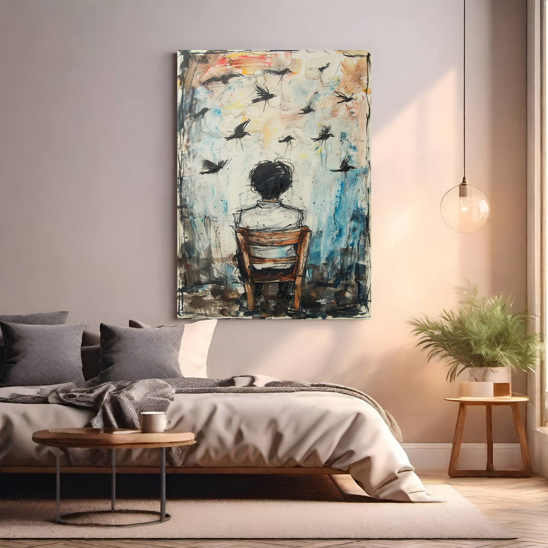 Wadi Home abstract wall art of a boy in a chair watching birds fly. Blues, browns, and mixed media.