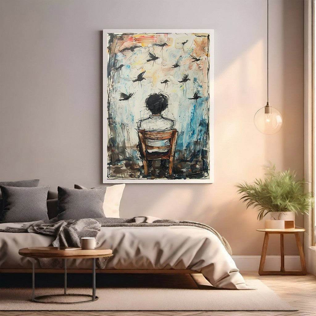 Wadi Home abstract wall art of a boy sitting on a chair looking at birds in flight, blues and browns.