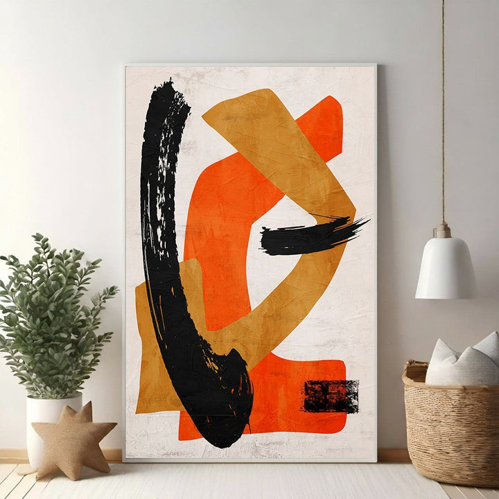 Wadi Home abstract brushstroke wall art with bold orange, ochre, and black strokes on textured neutral background.