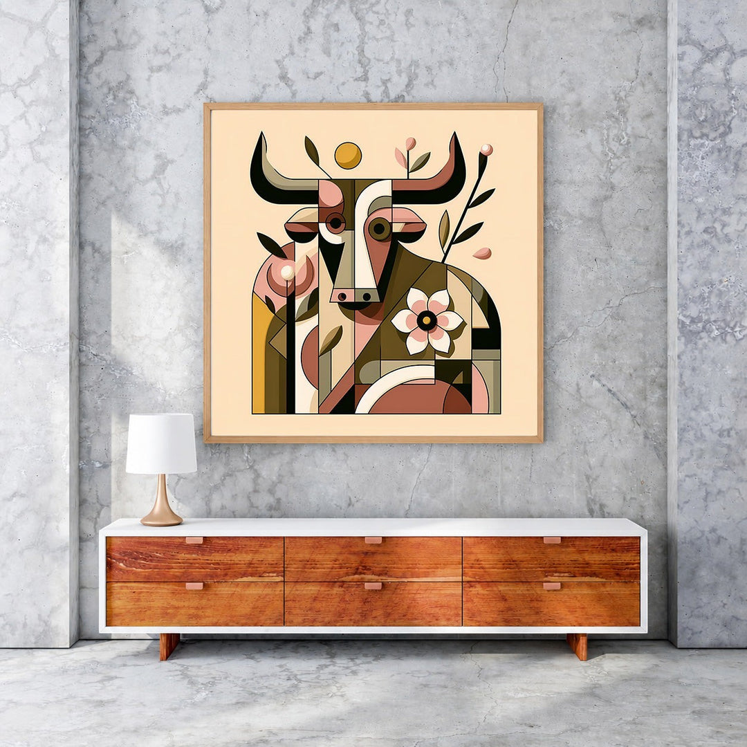 Wadi Home abstract geometric bull floral wall art in earthy tones and soft pinks, framed in light wood.