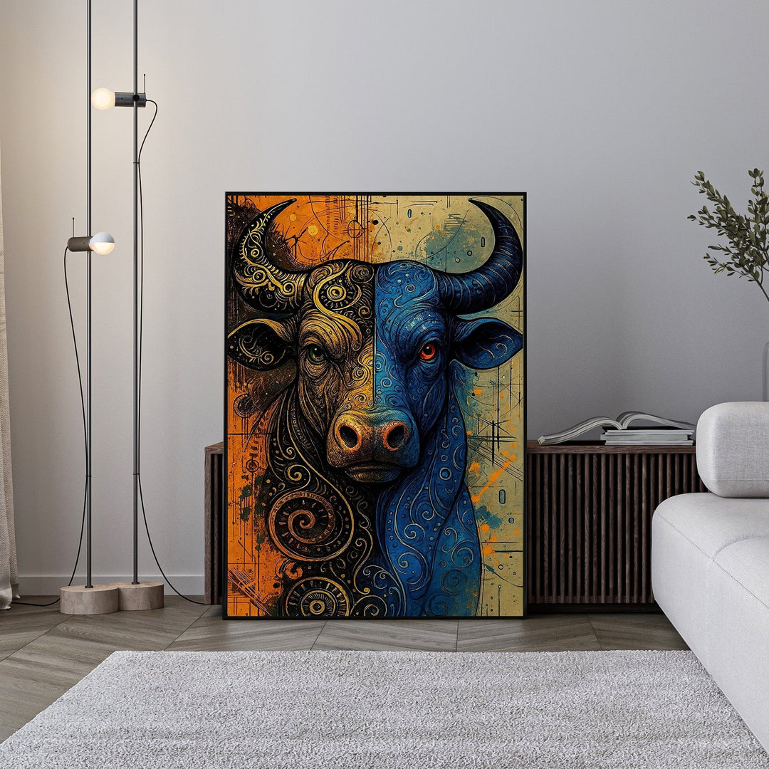Wadi Home abstract bull portrait wall art, split design with gold patterns and blue hues, vibrant and modern.