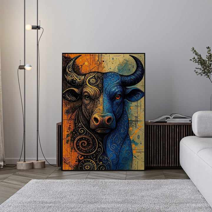 Wadi Home abstract bull portrait wall art, split design with gold patterns and blue hues, vibrant and modern.