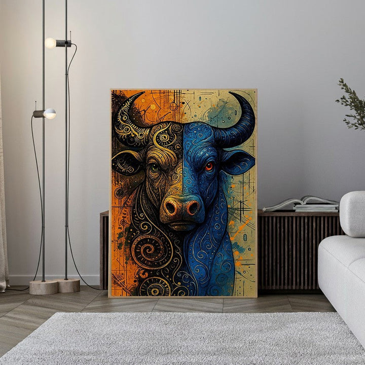 Wadi Home abstract bull portrait wall art, split between intricate gold patterns and deep blue hues, with orange accents.