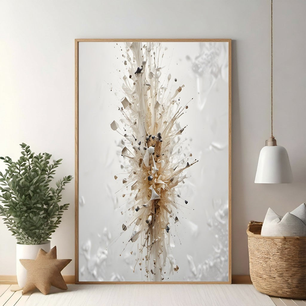 Wadi Home Abstract Burst Wall Art in neutral tones with dynamic textures and organic flow, framed in light wood.