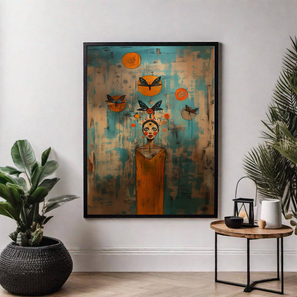 Wadi Home abstract portrait wall art with butterflies, teal, ochre, rust colors, bohemian style.
