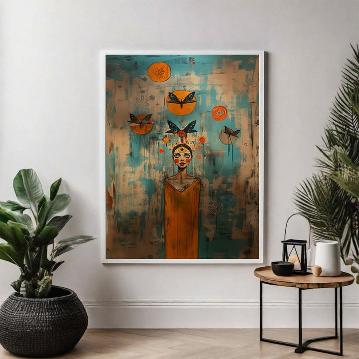 Wadi Home abstract portrait wall art with butterflies, teal, ochre, rust colors, bohemian style.