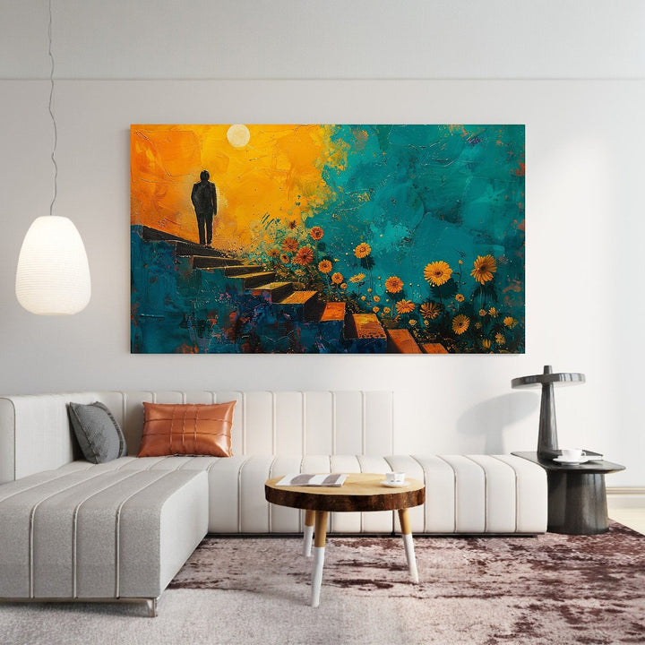 Wadi Home abstract canvas art with a figure on stairs surrounded by yellow flowers and a yellow moon.