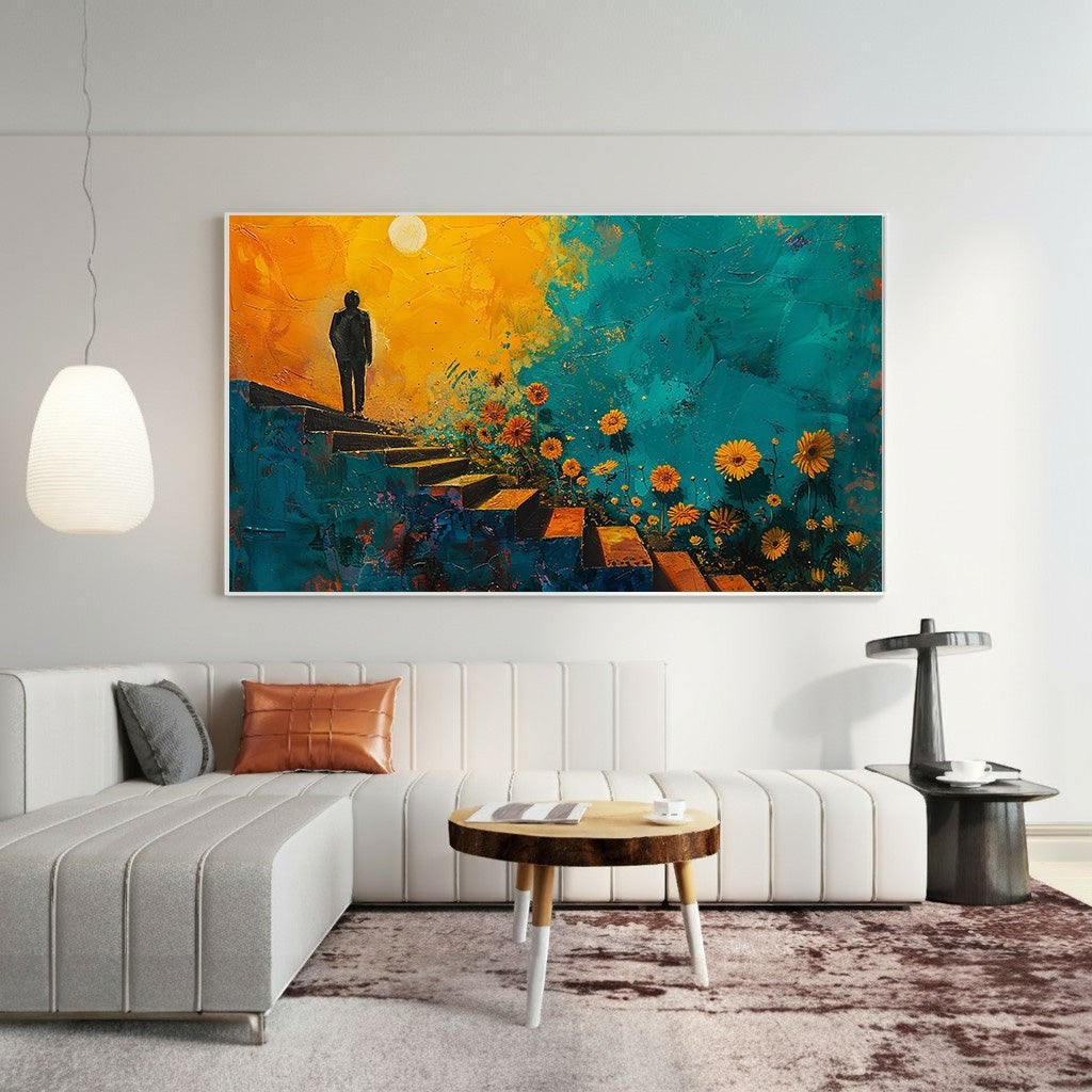 Wadi Home abstract canvas art depicting a silhouette of a person on stairs leading towards a yellow sky with a moon and surrounded by flowers.