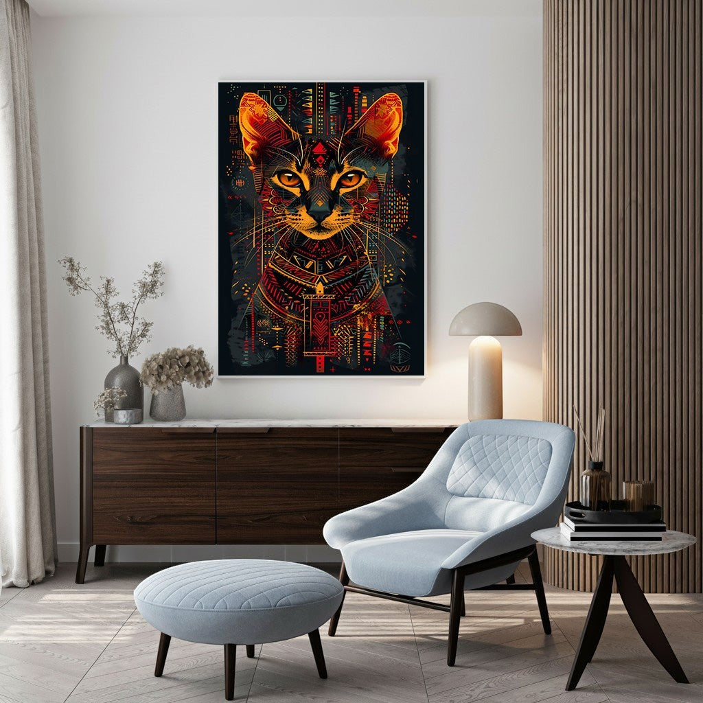 Wadi Home abstract cat portrait wall art with geometric patterns in dark, vibrant colors. Modern feline art.