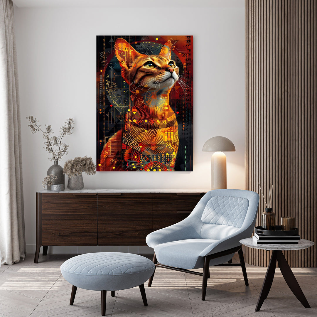 Wadi Home abstract cat portrait wall art with geometric patterns in fiery oranges and reds.