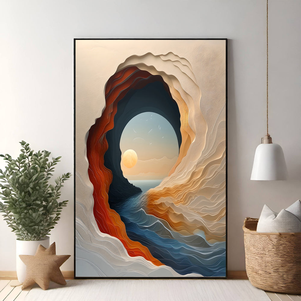 Wadi Home abstract cave landscape wall art with layered earth tones and ocean blues, featuring a sunset through an archway.