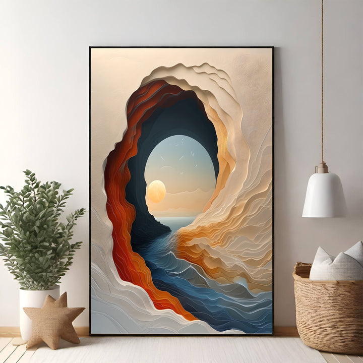 Wadi Home abstract cave landscape wall art with layered earth tones and ocean blues, featuring a sunset through an archway.