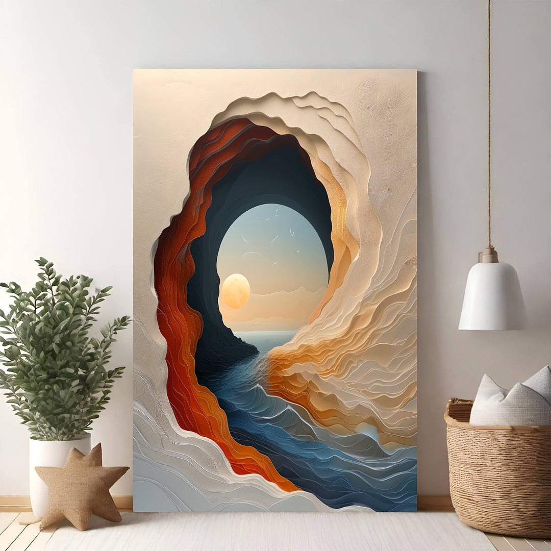Wadi Home abstract cave landscape wall art with layered earth tones and ocean blues, featuring a sunset through an archway.