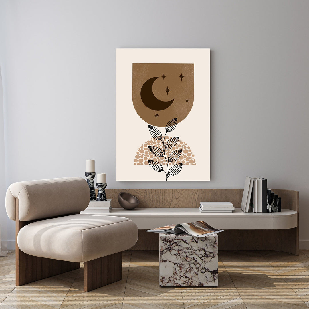 Wadi Home abstract celestial botanical wall art with crescent moon, stars, and plant in brown and cream.