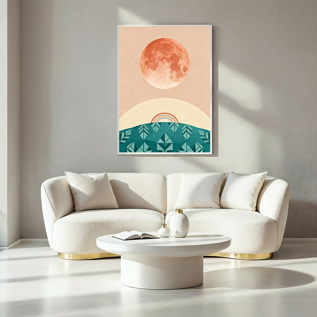 Wadi Home abstract celestial landscape art with textured orange moon, peach sky, teal geometric trees, and rainbow arc.