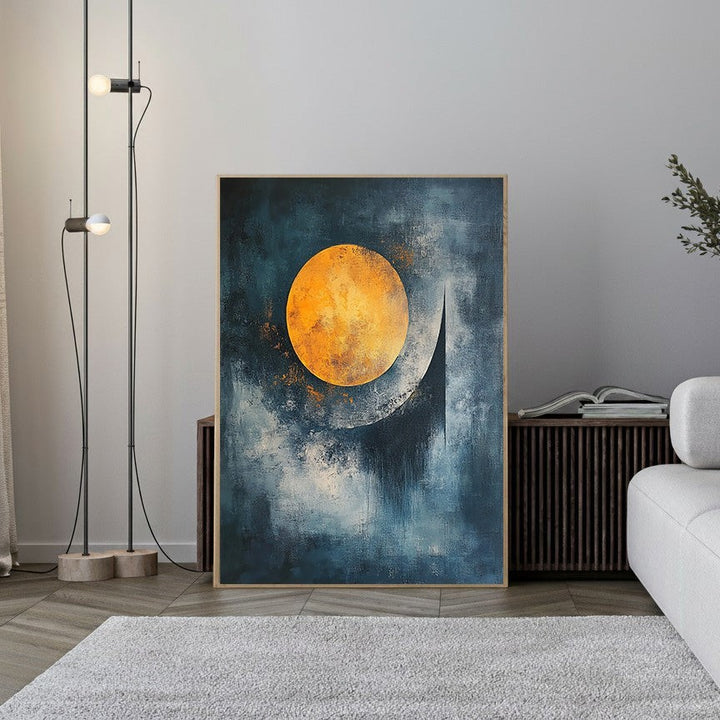 Wadi Home abstract celestial sphere wall art with textured orange circle on deep blue background.