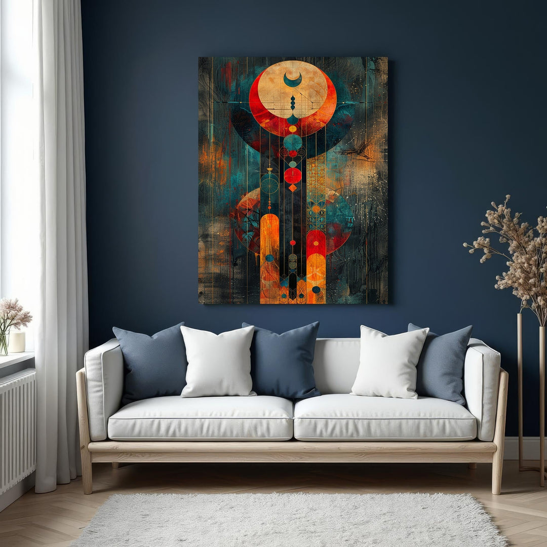 Wadi Home abstract celestial wall art with deep blues, oranges, and reds, featuring circular and linear motifs.