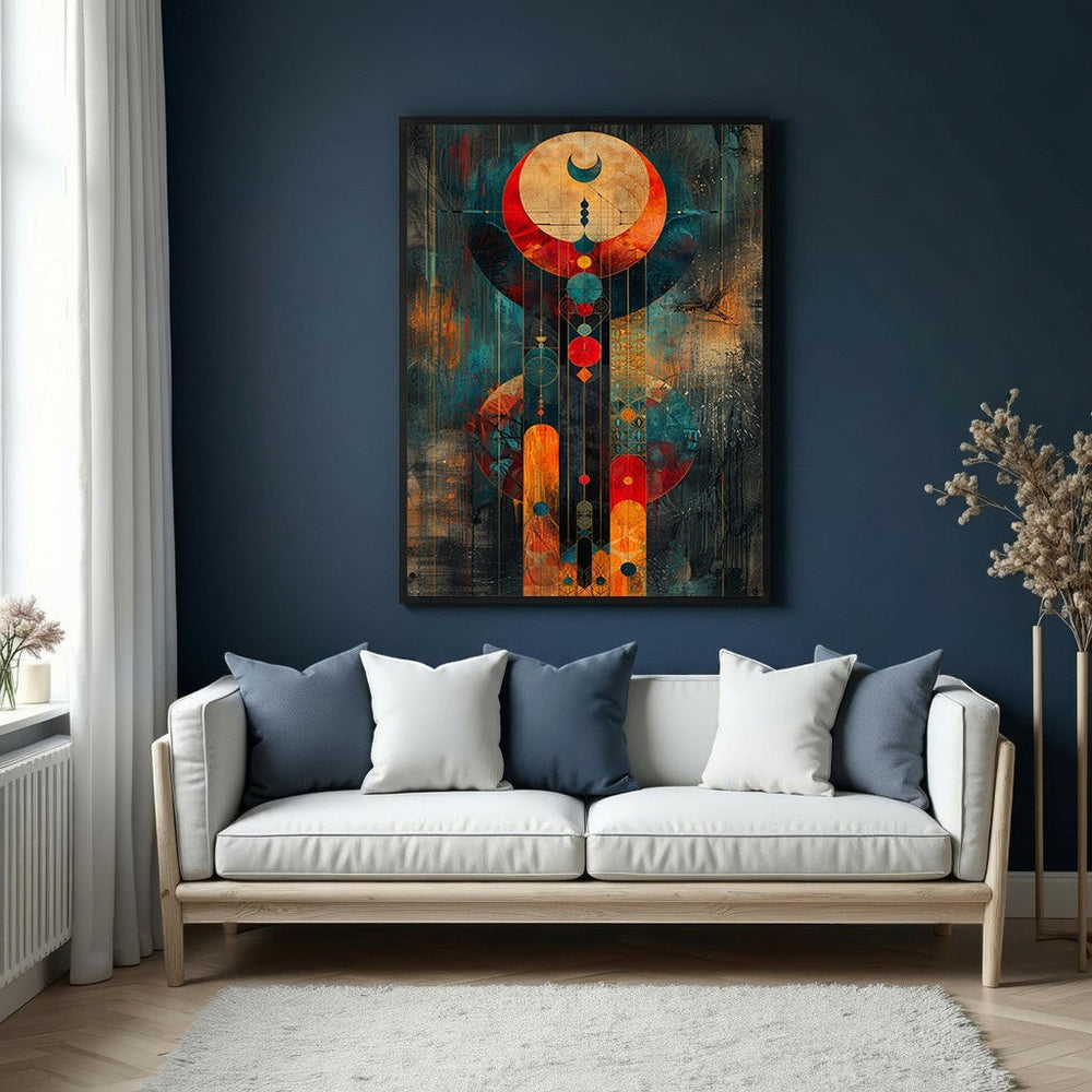 Wadi Home abstract celestial wall art with deep blues, oranges, and reds. Textured, dynamic composition with moon motif.
