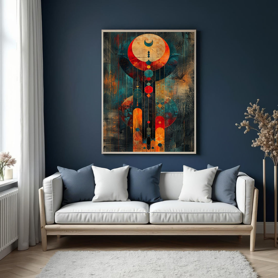 Wadi Home Abstract Celestial Wall Art with deep blues, oranges, and reds, featuring geometric and textured celestial motifs.