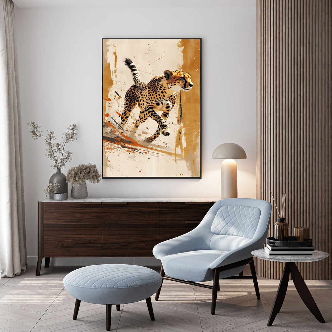 Wadi Home abstract cheetah running wall art with ochre, orange, and black splashes. Modern canvas art.