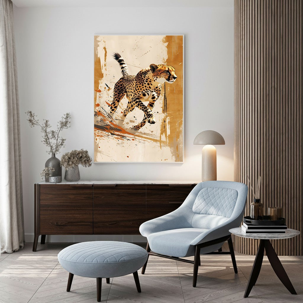 Wadi Home abstract cheetah running wall art with ochre, orange, and black splashes. Modern canvas art.