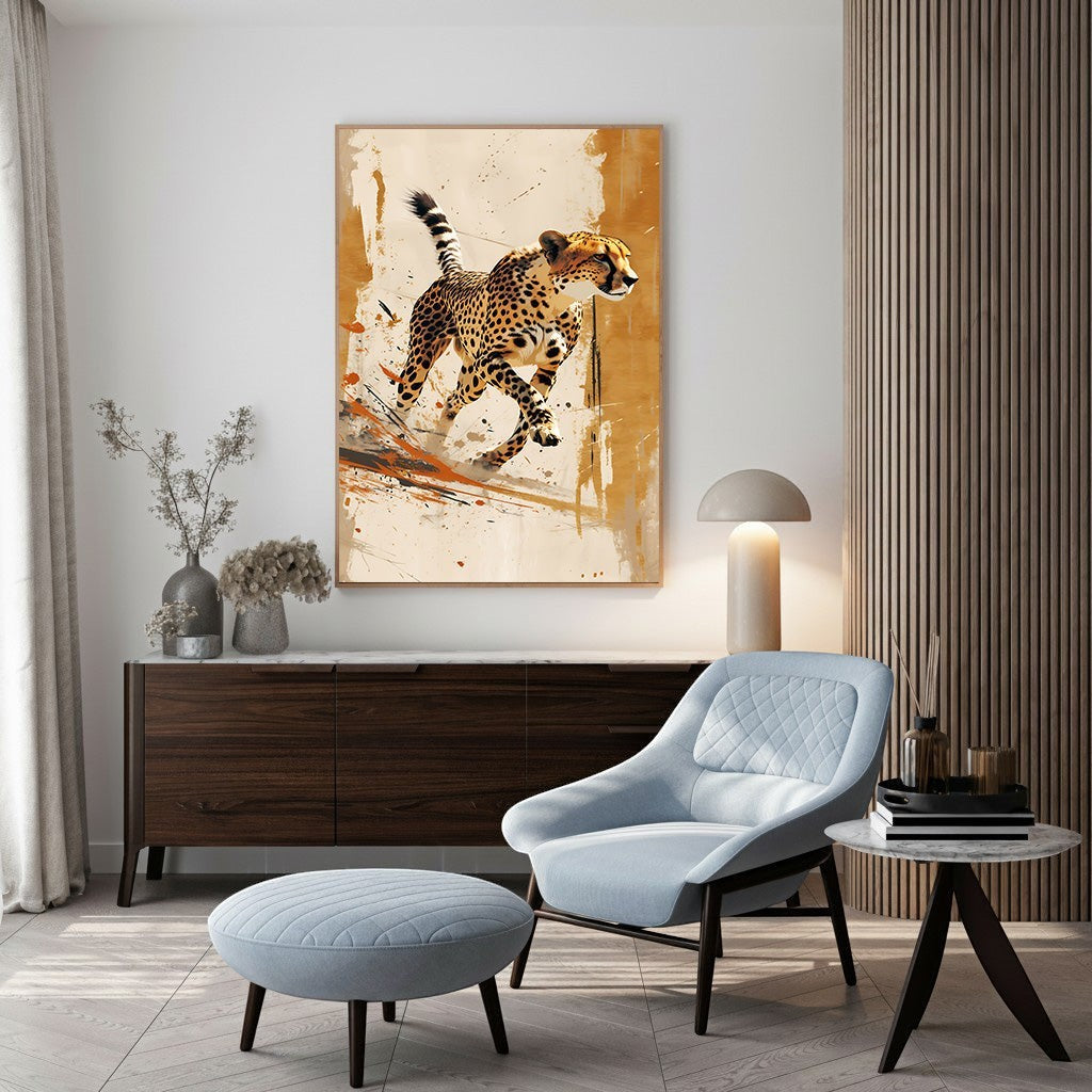 Wadi Home abstract cheetah running wall art with ochre, orange, and black splashes. Dynamic animal art.