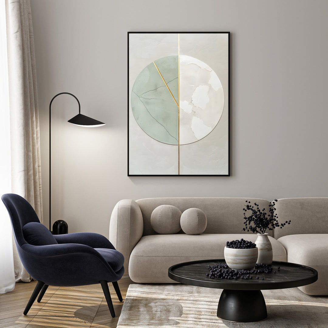 Wadi Home abstract circle canvas wall art with sage green, beige, and gold details in a modern living room.