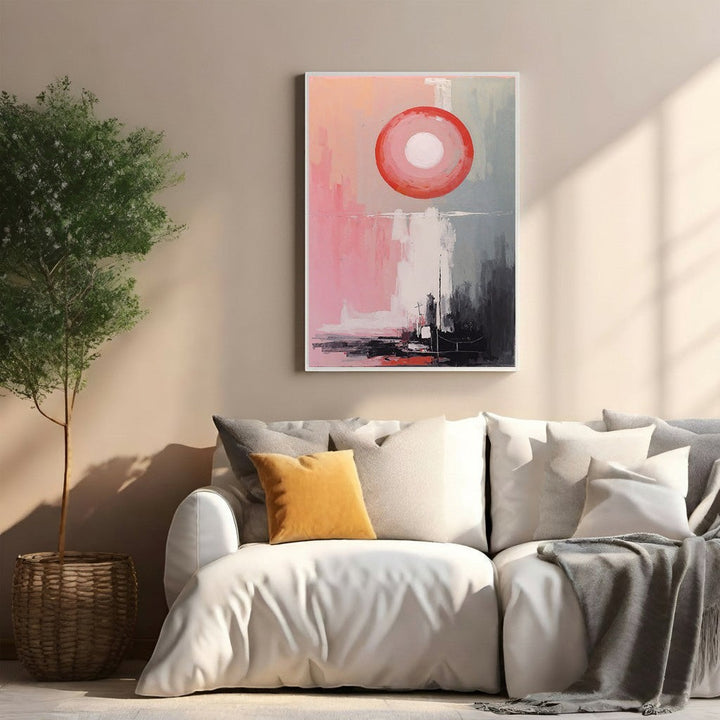 Wadi Home Abstract Circle Landscape Wall Art with pink, grey, and black hues. Modern canvas art.