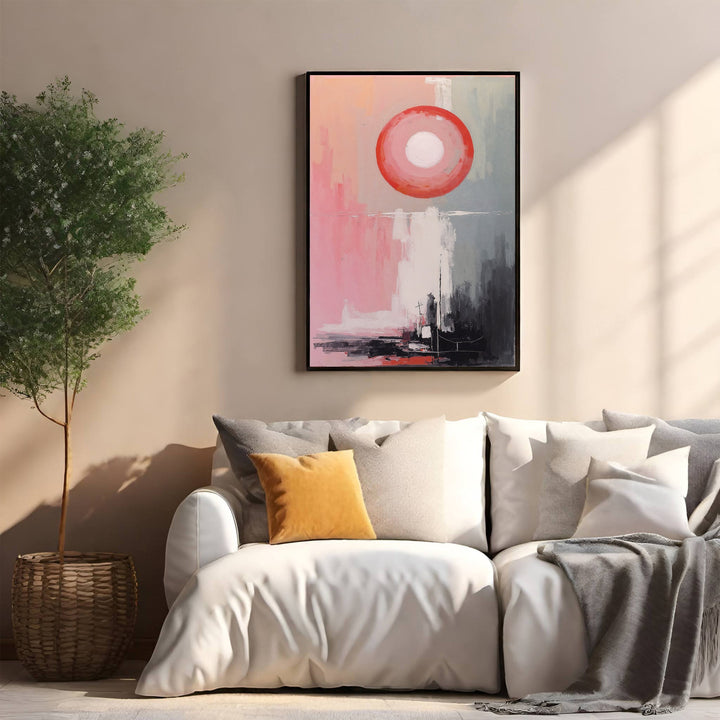 Wadi Home abstract circle landscape wall art with pink, grey, and black tones. Modern canvas art.