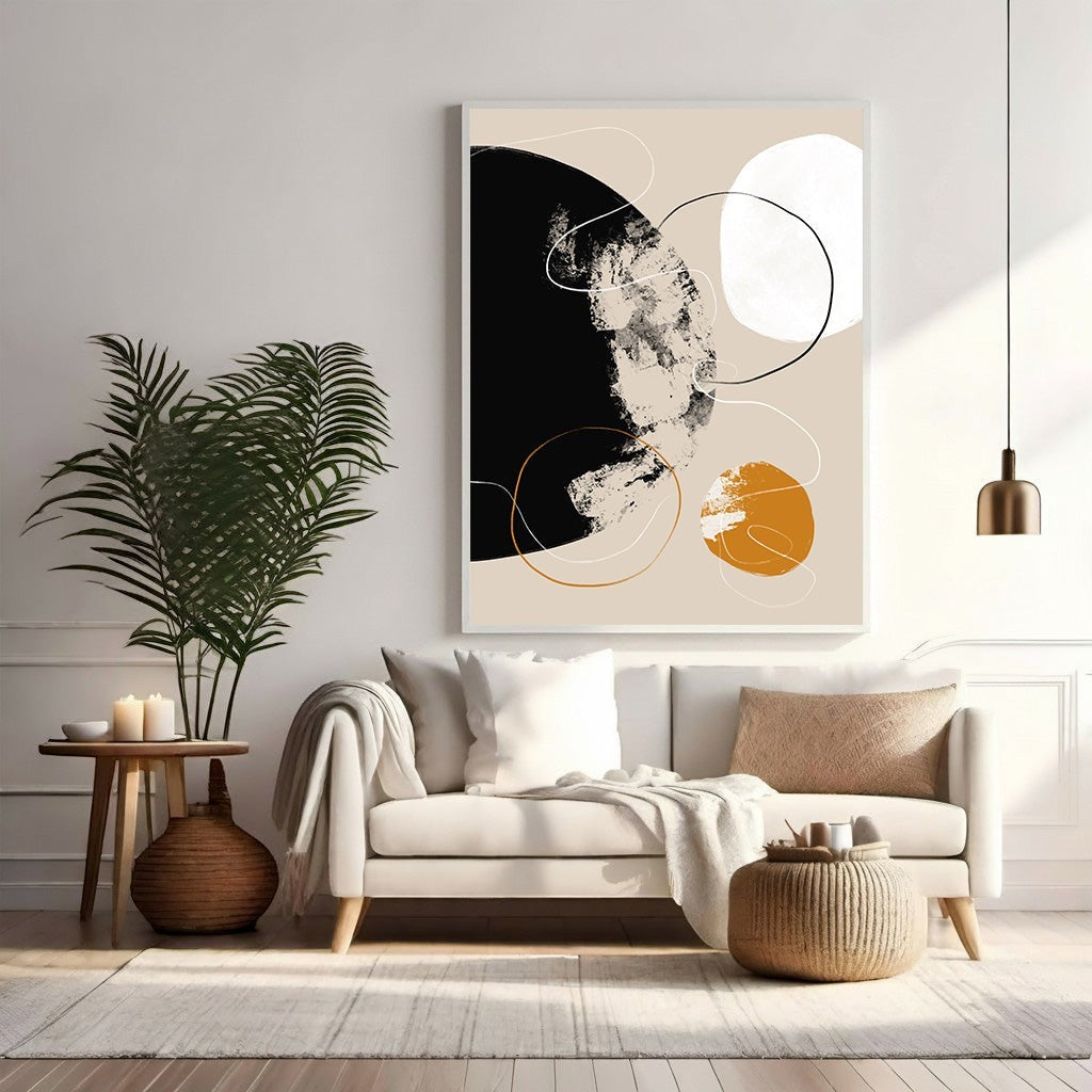 Wadi Home abstract wall art with black, white, and ochre circles and lines. Modern minimalist design.
