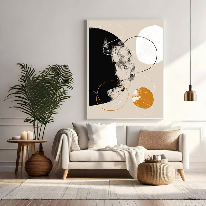 Wadi Home abstract wall art with black, white, and ochre circles and lines. Modern minimalist design.