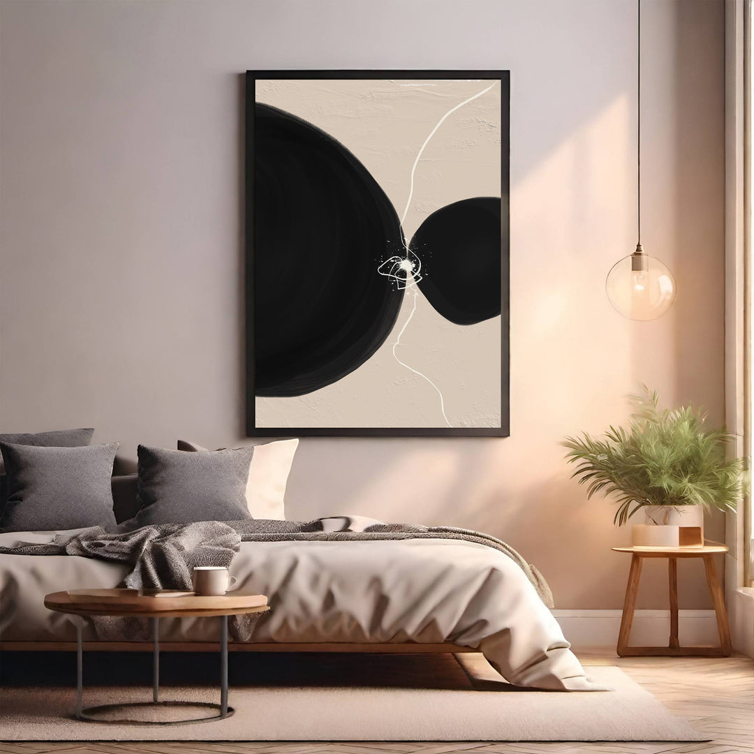 Wadi Home Abstract Circles Wall Art featuring bold black circles on a beige background with white line accents. Modern minimalist design.