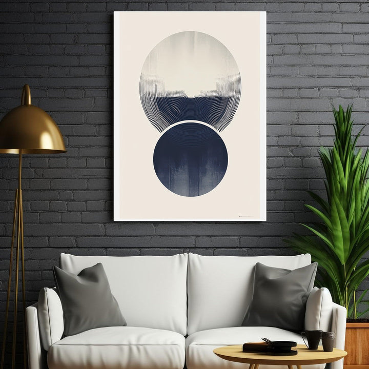 Wadi Home abstract wall art with navy and cream overlapping circles, textured graphic style.