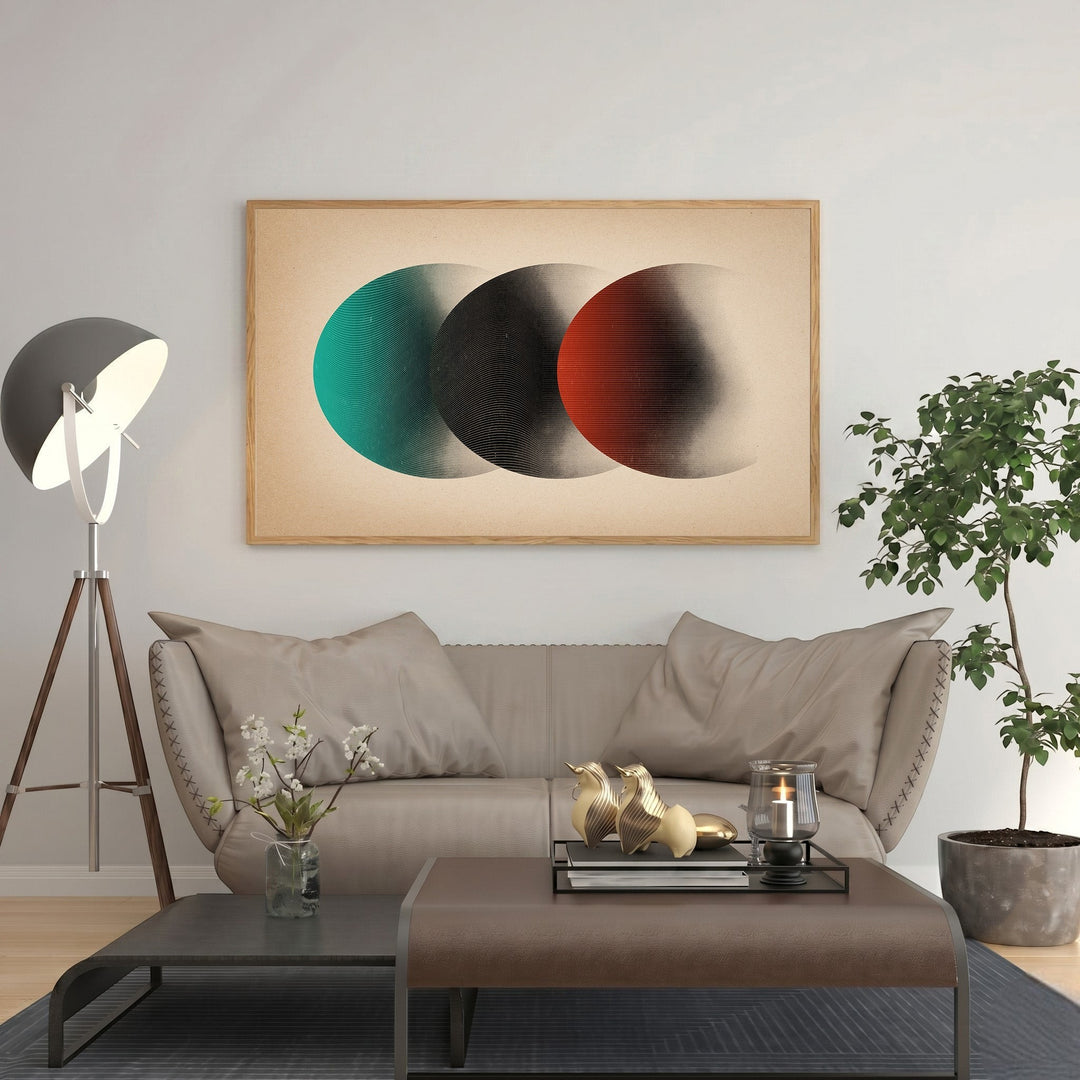 Wadi Home Abstract Circles Wall Art with teal, black, and red overlapping circles, modern textured design.